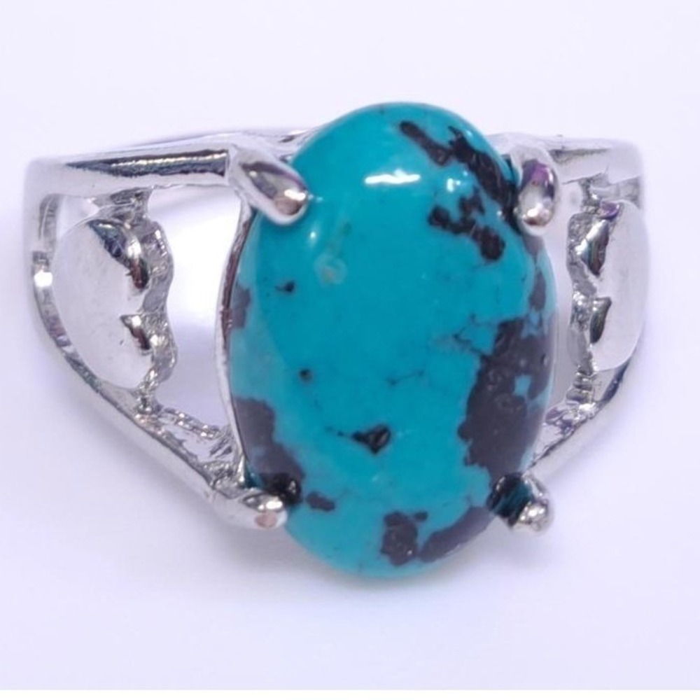 NWOT Ring Size 8 Faux Turquoise Oval Stone Hearts Silver Tone Blue Black Marbled